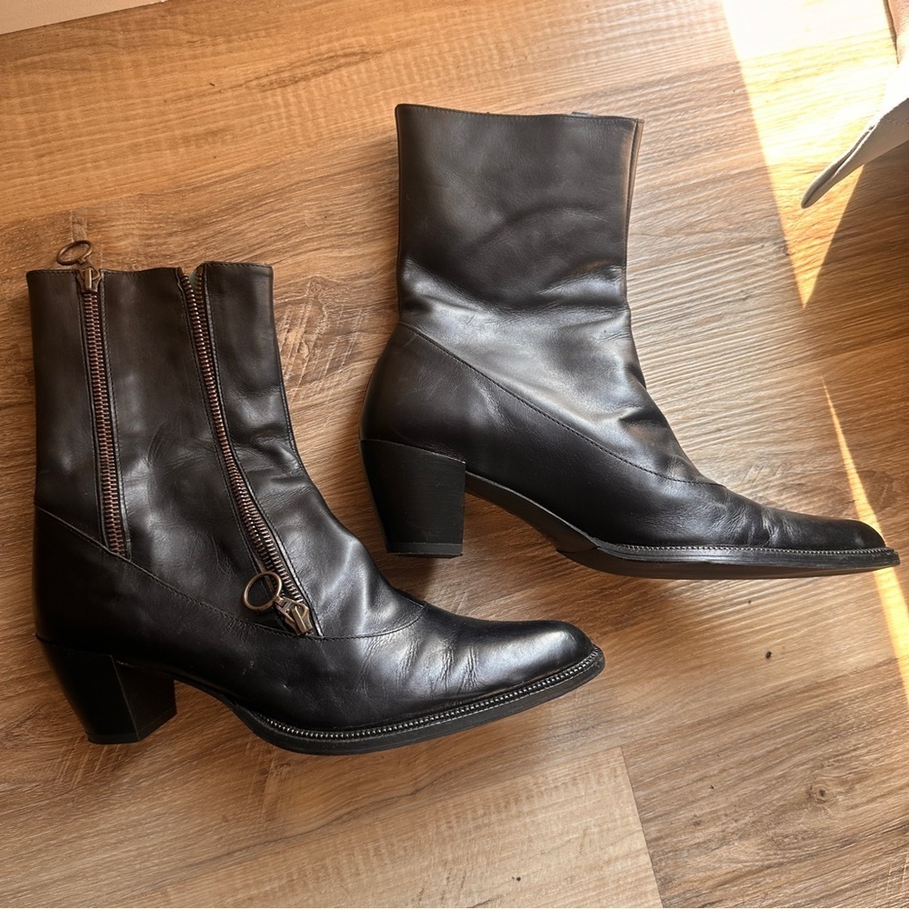 Espace Paris black leather zip ankle boots pointed toe ring zipper Size 8.5 - 9